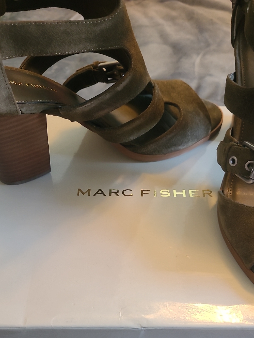 Marc Fisher Olive Green Suede Strappy 3.5 In Block Heel Sandals